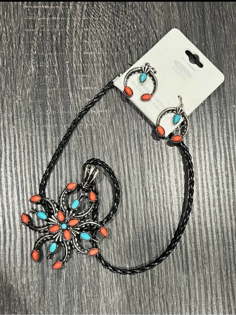 Handcrafted Turquoise & Coral Flower Pendant Necklace with Matching Earrings